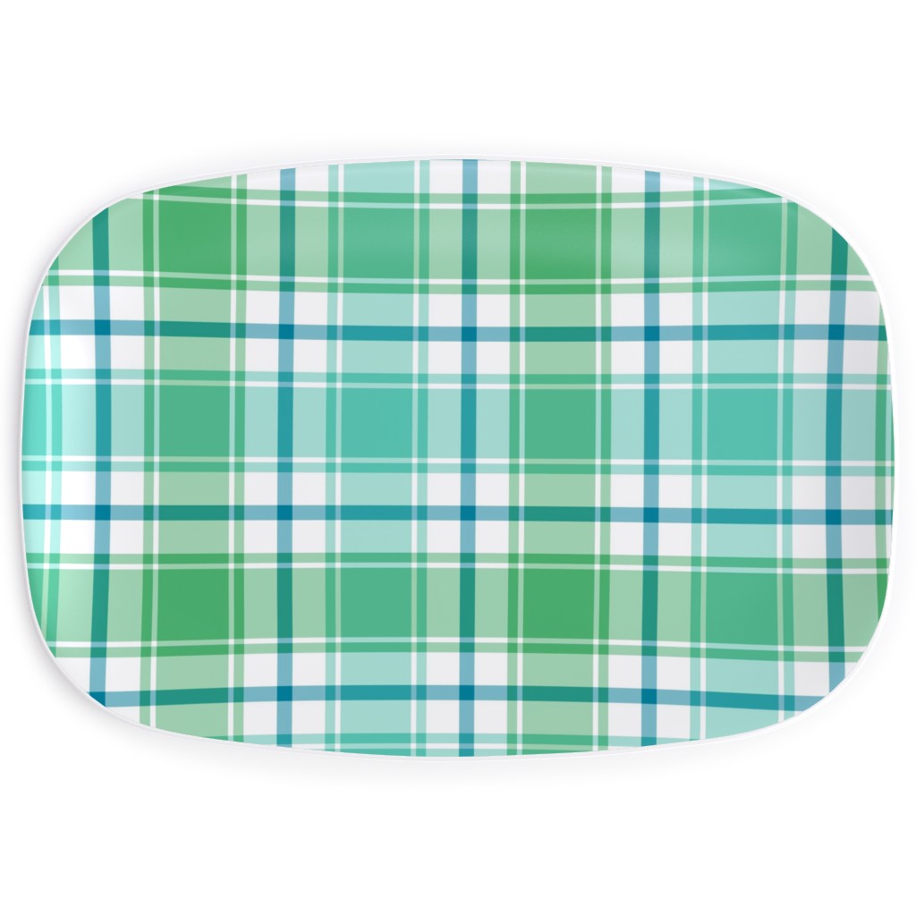 Blue, Green, Turquoise, and White Plaid Serving Platter, Green