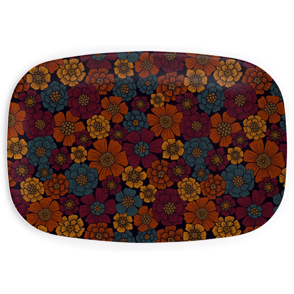 Burgundy, Rust, Mustard & Teal Floral Serving Platter, Red