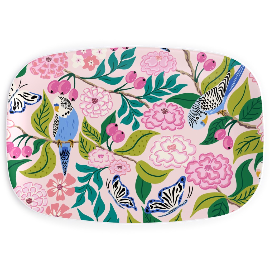 Budgies and Butterflies - Pink and Green Serving Platter, Pink