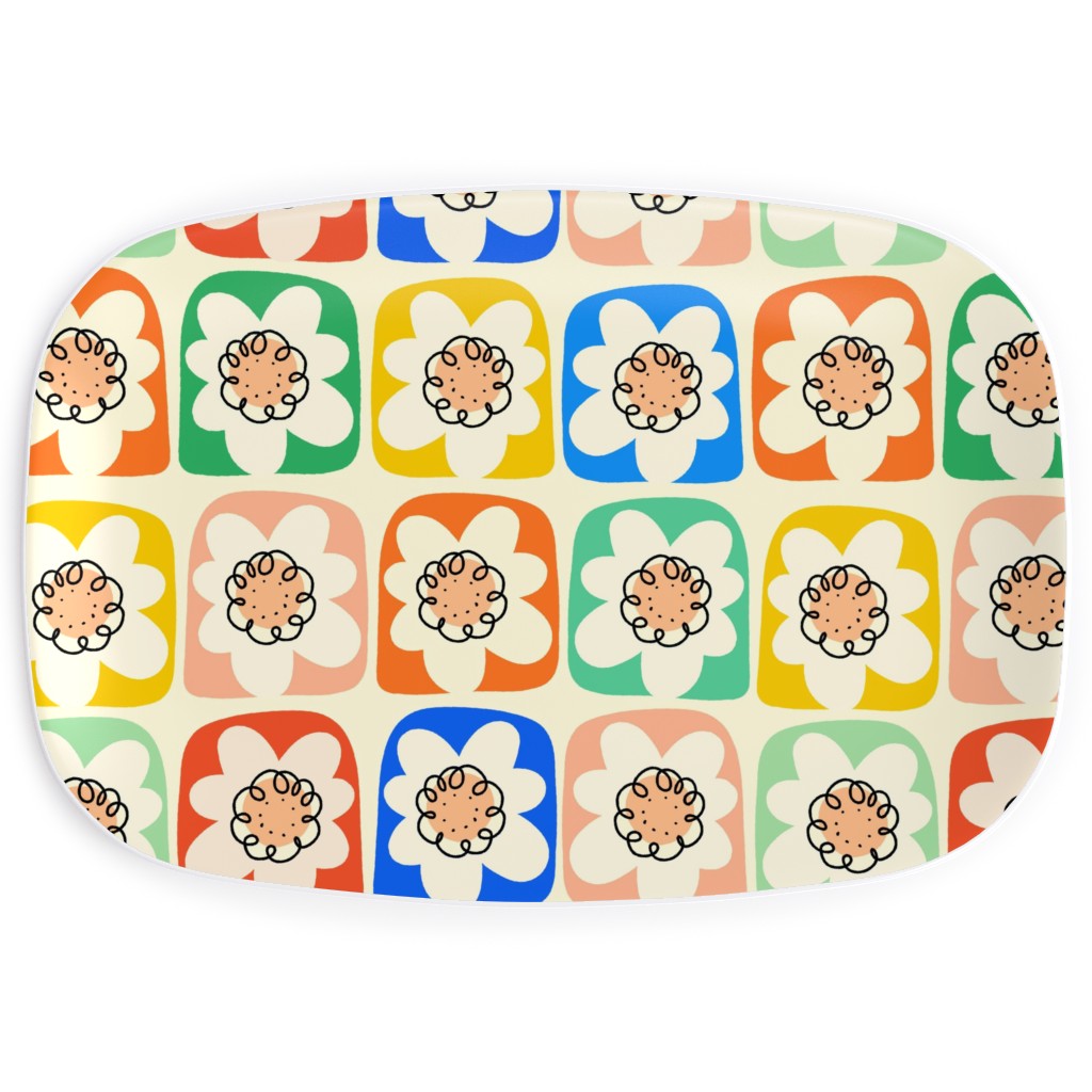 Retro Abstract Flower Squares Serving Platter, Multicolor