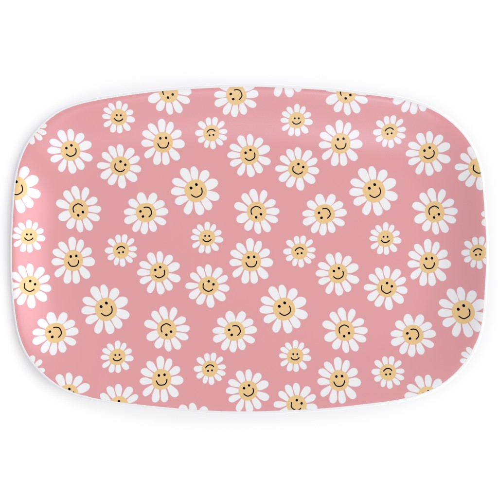 Smiley Daisy Flowers - Pink Serving Platter, Pink