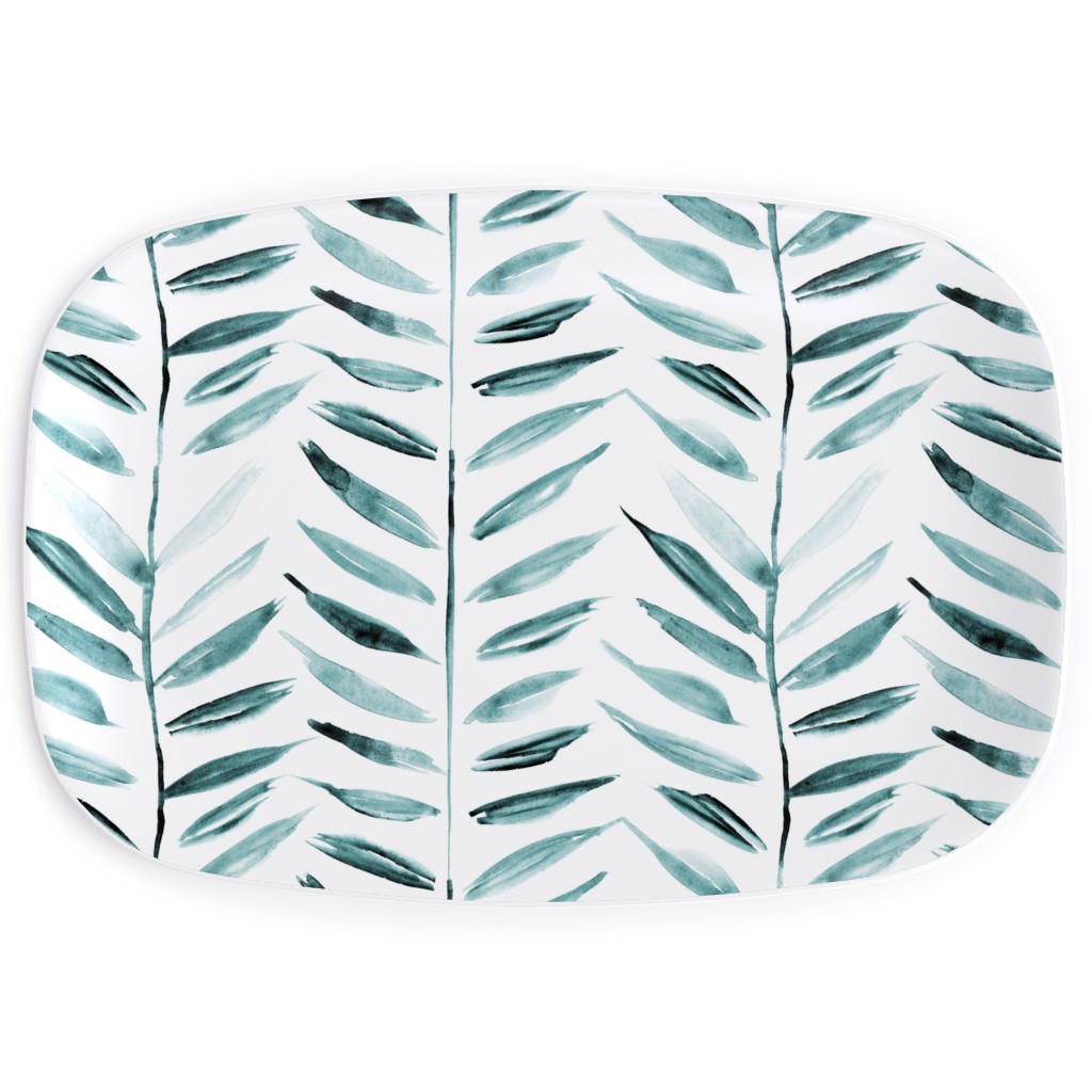 Leaves Herringbone - Watercolor Nature - Emerald Serving Platter, Green