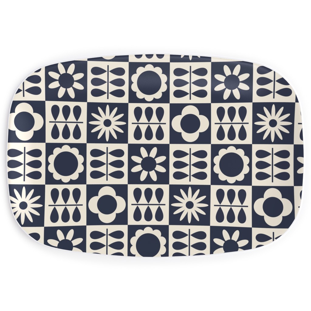 Scandinavian Checker Blooms - Off White and Navy Serving Platter, Black, Black