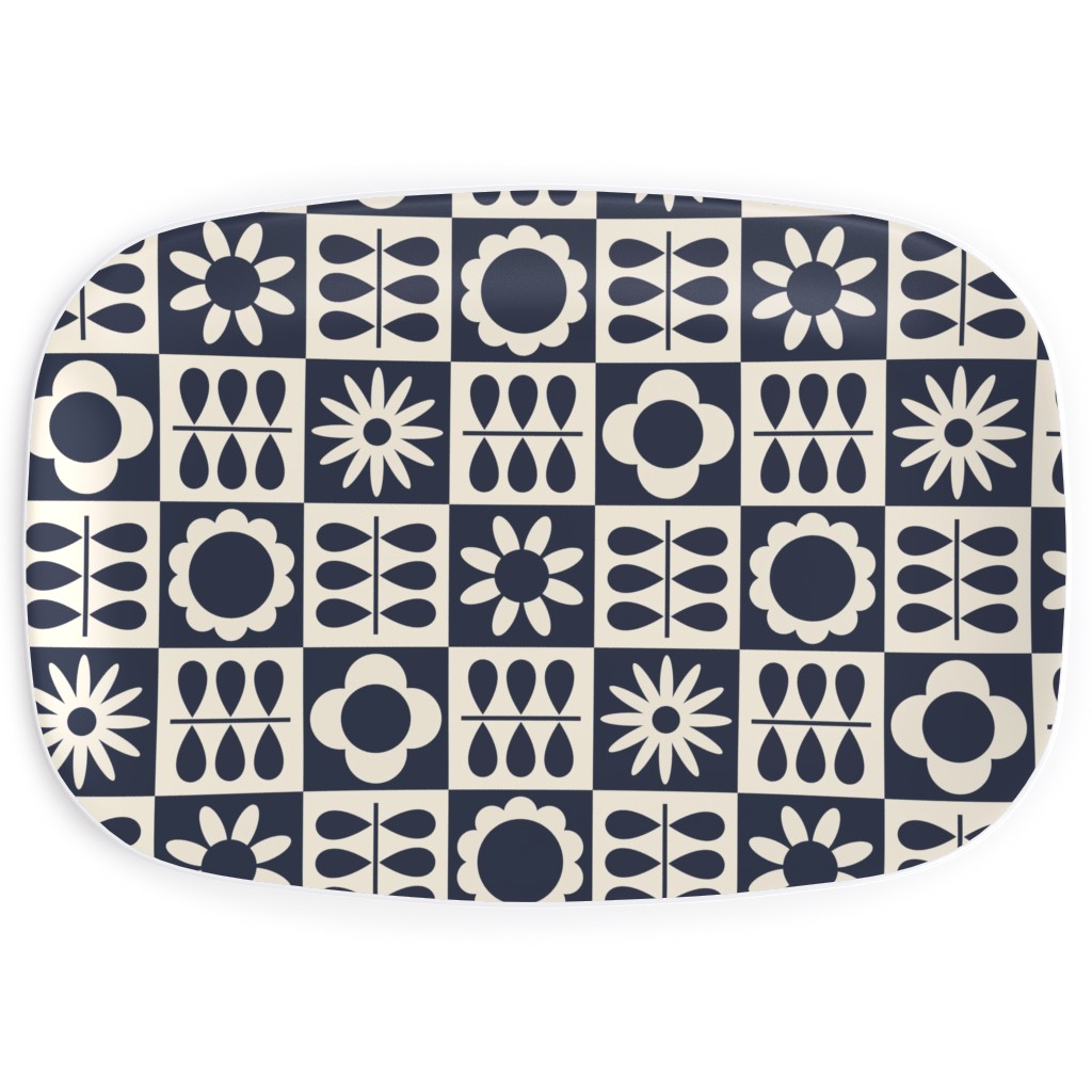 Scandinavian Checker Blooms - Off White and Navy Serving Platter, Black