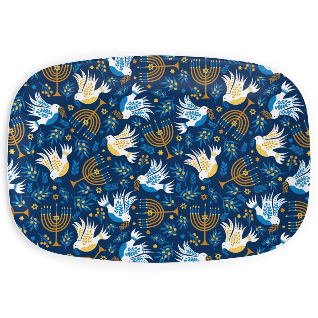 Hanukkah Birds and Menorahs - Dark Blue Serving Platter, Blue, True Blue