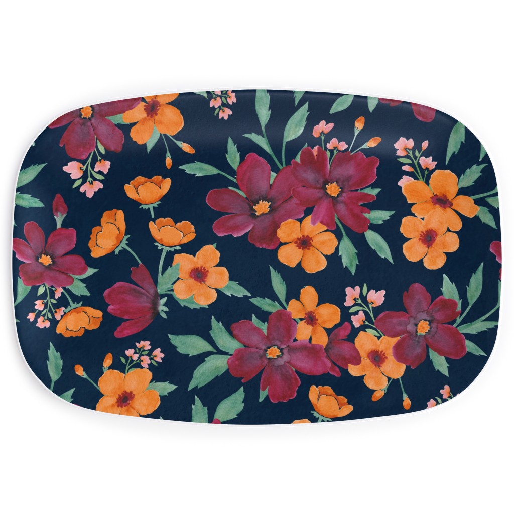 Watercolor Autumn Florals - Navy Serving Platter, Multicolor