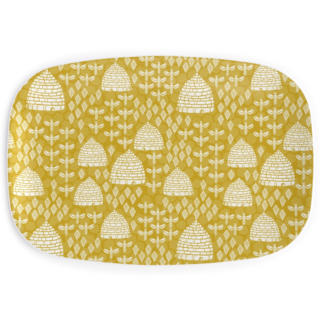 Bee Hives, Spring Florals Linocut Block Printed - Golden Yellow Serving Platter, Yellow