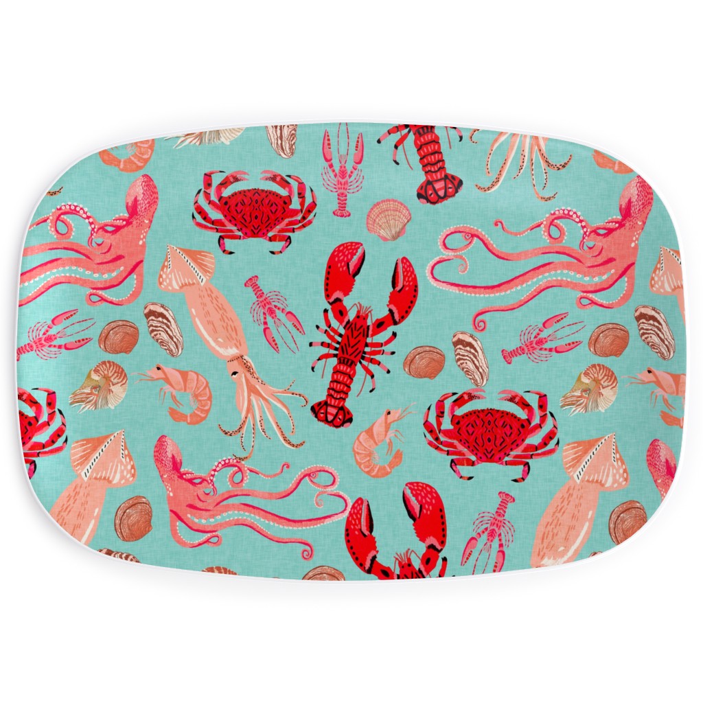 Ocean Creatures - Red on Green Serving Platter, Red, Red