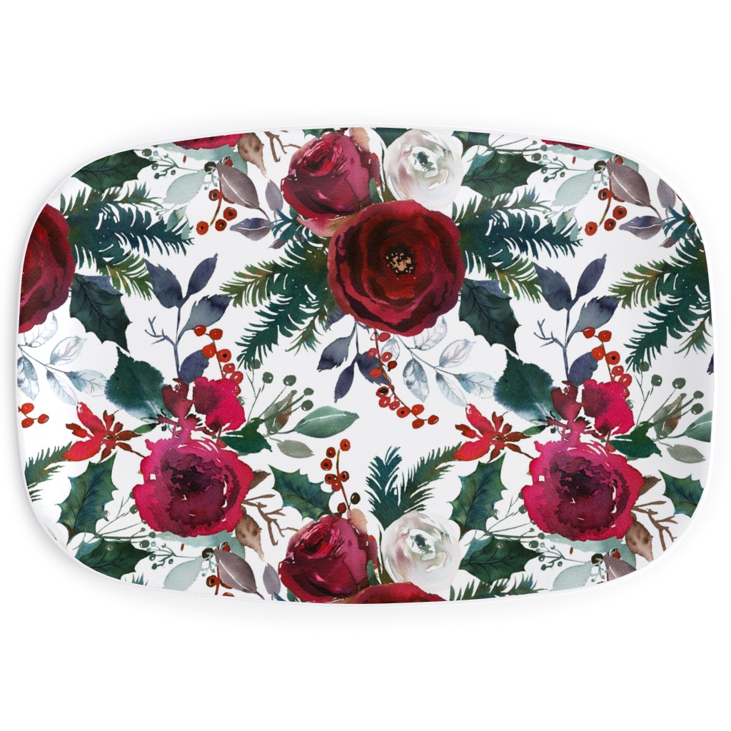 Holiday Florals Red on White Serving Platter, Multicolor