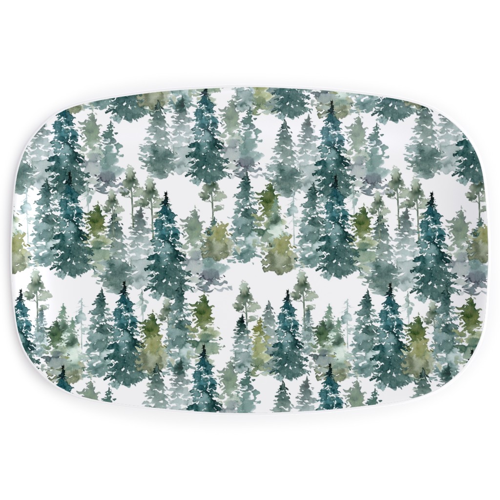 Woodland Trees Watercolor - White Serving Platter, Green