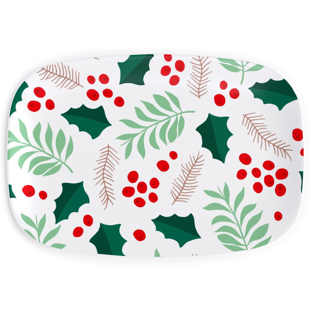 Botanical Christmas Garden Pine Leaves Holly Branch Berries - Green and Red Serving Platter, Green