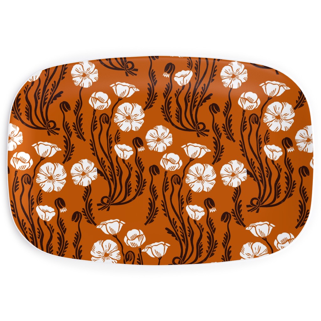 Poppy, Fall Harvest Block Printed Vintage Florals Serving Platter, Orange