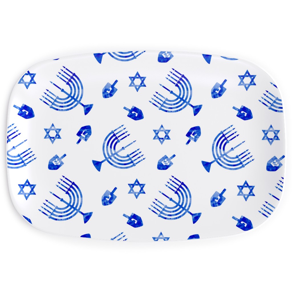 Watercolor Hanukkah Menorah, Dreidel, Star of David - Blue Serving Platter, Blue