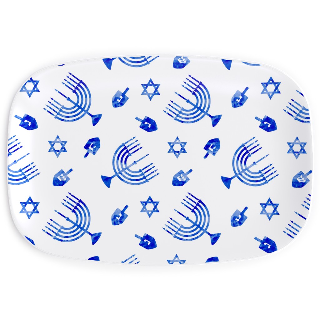 Watercolor Hanukkah Menorah, Dreidel, Star of David - Blue Serving Platter, Blue, True Blue