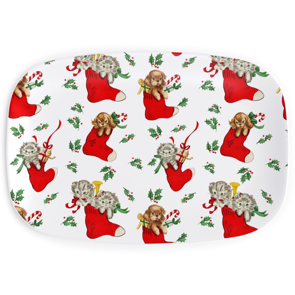 Vintage Christmas Kittens and Puppies Serving Platter, Multicolor