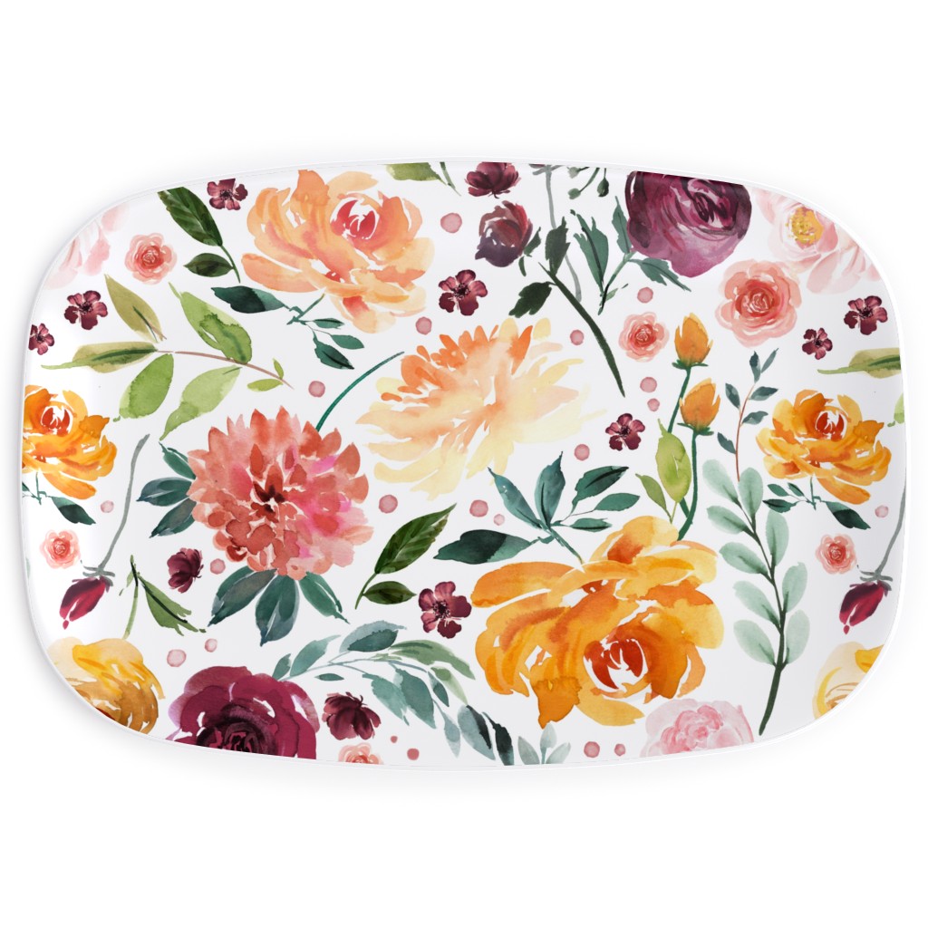 Orange Burgandy Floral Serving Platter, Multicolor