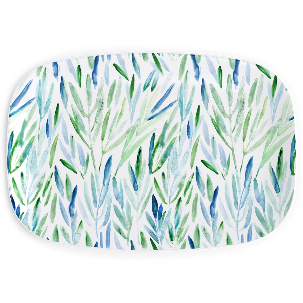 Watercolor Eucalyptus Leaves - Blue and Green Serving Platter, Green