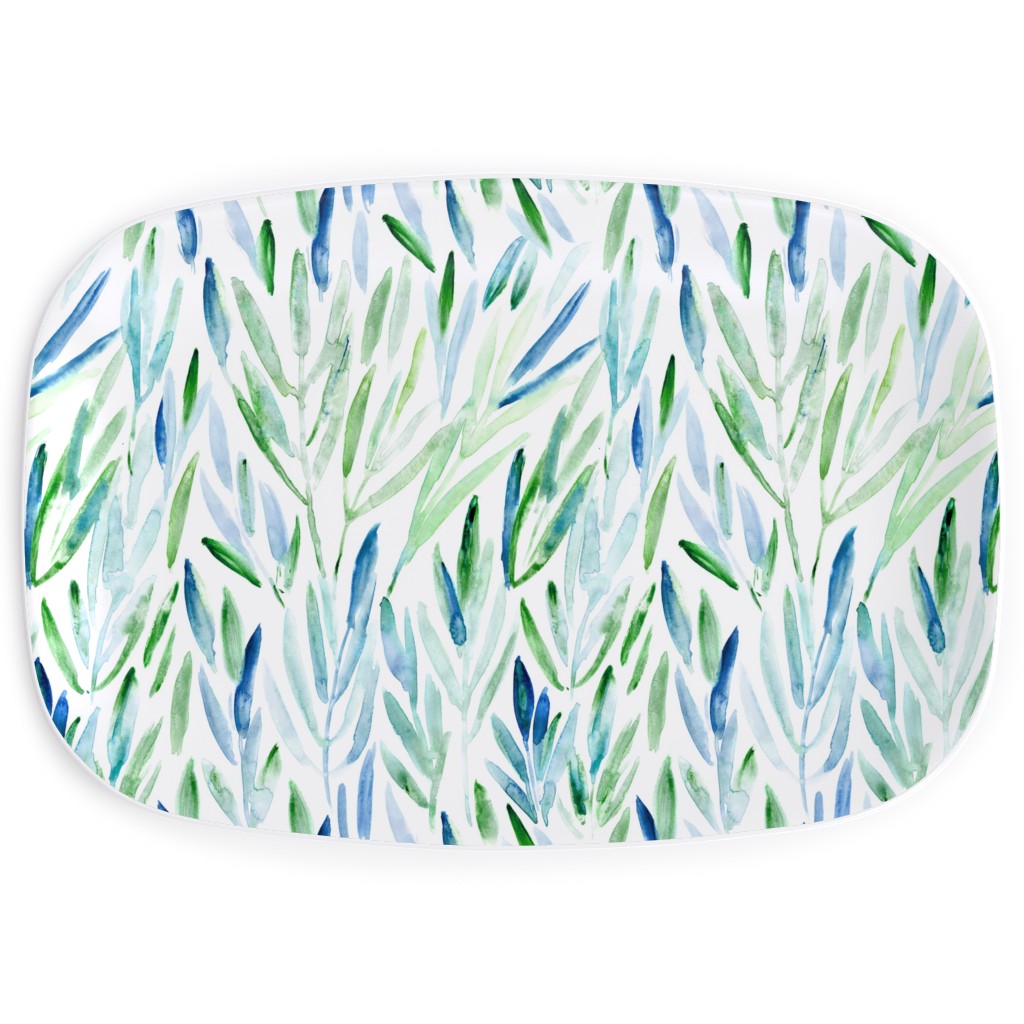 Watercolor Eucalyptus Leaves - Blue and Green Serving Platter, Green, Classic Green