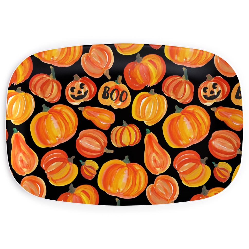 Watercolor Pumpkins - Black Serving Platter, Orange, Orange