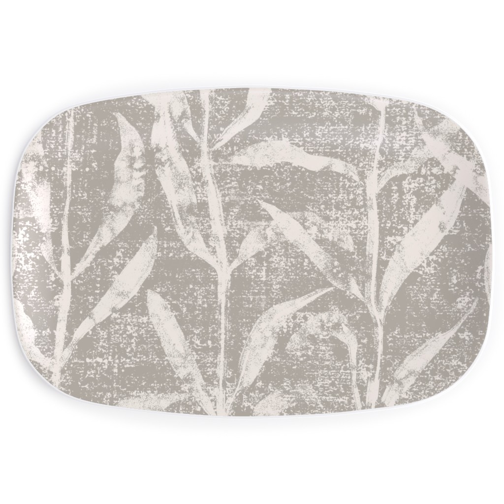Grass Cloth With Leaves - Gray and Cream Serving Platter, Beige