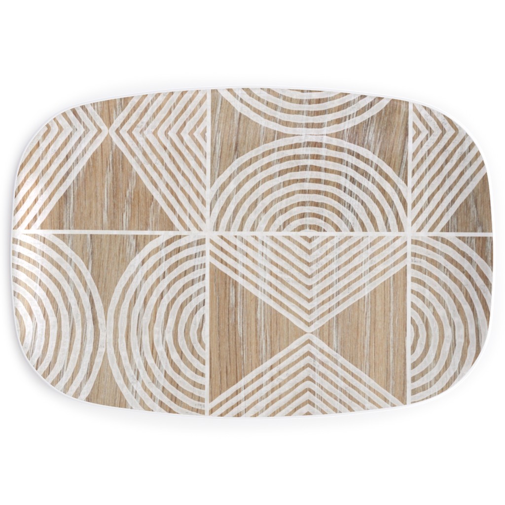 Boho Tribal Woodcut Geometric Shapes Serving Platter, Beige