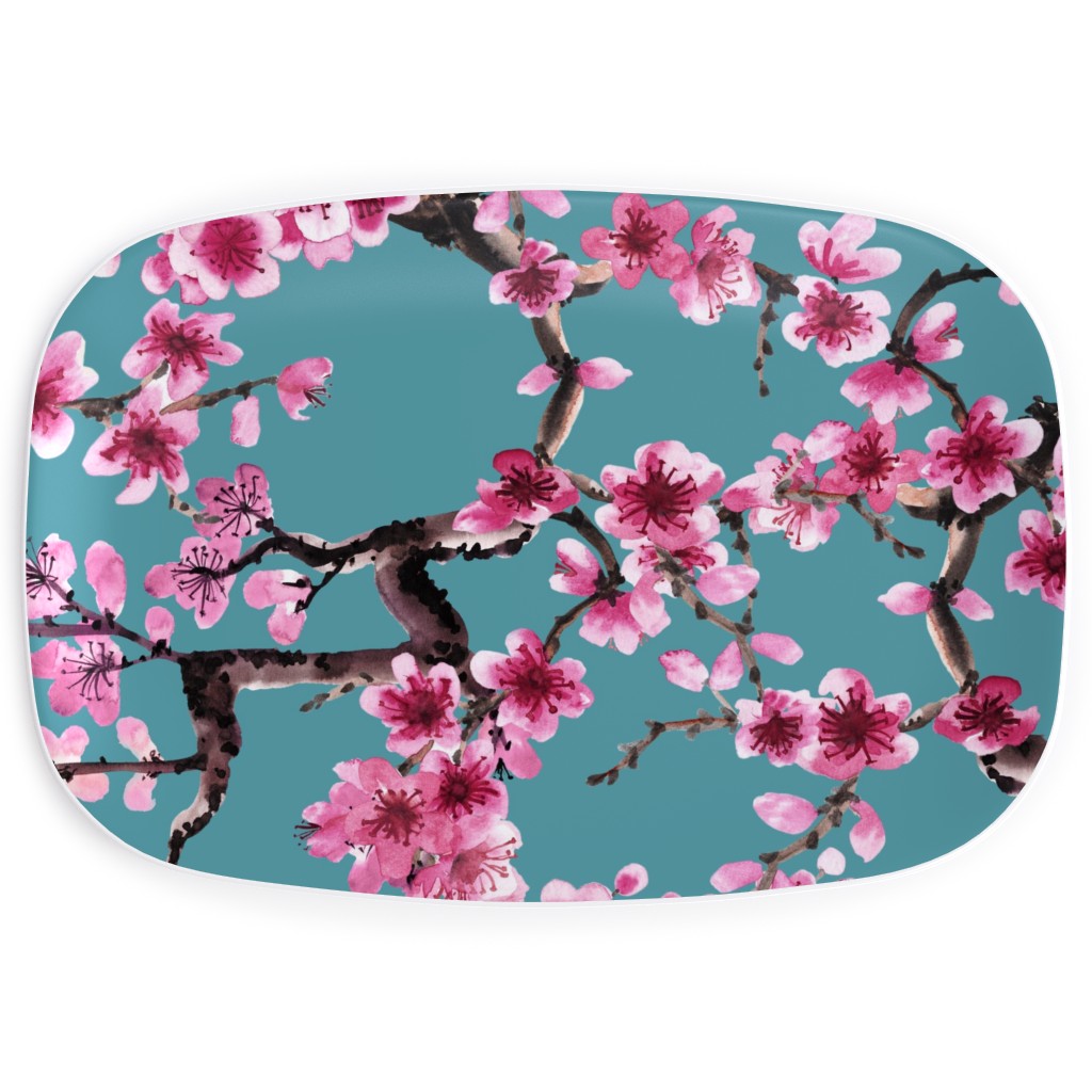 Sakura - Pink on Turquoise Serving Platter, Blue, True Blue