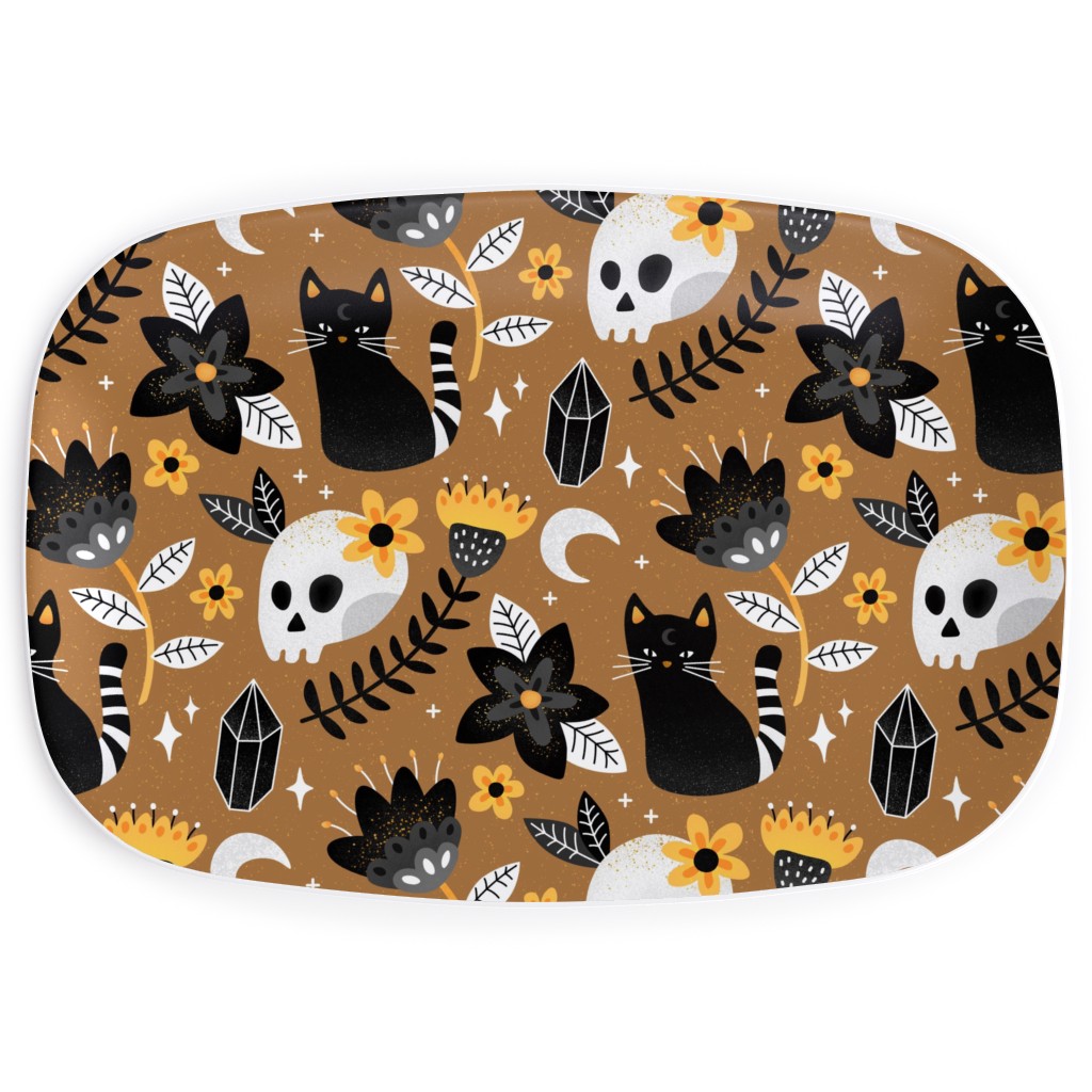 Black Cat & Floral Skull Serving Platter, Brown