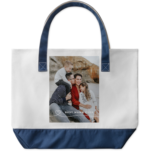 Line Art Heart Large Tote, Navy, Photo Personalization, Large Tote, White