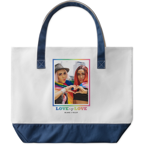 Love Is Love Border Large Tote, Navy, Photo Personalization, Large Tote, White