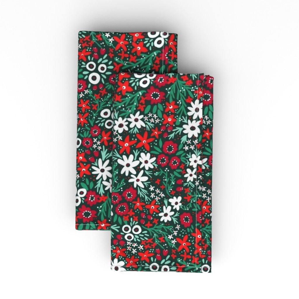 Rustic Floral - Holiday Red and Green Cloth Napkin, Longleaf Sateen Grand, Green