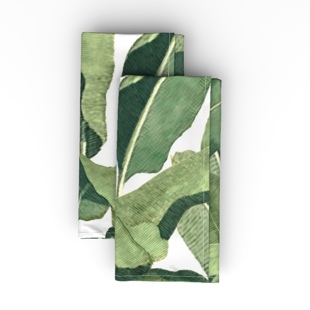 Tropical Leaves - Greens on White Cloth Napkin, Longleaf Sateen Grand, Green