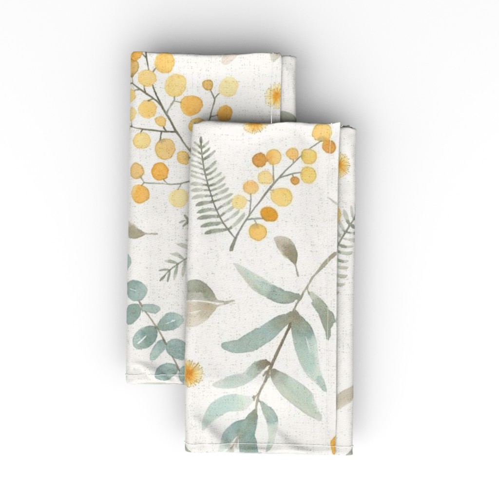 Australian Wattle & Eucalyptus Watercolor Floral Cloth Napkin, Longleaf Sateen Grand, Multicolor