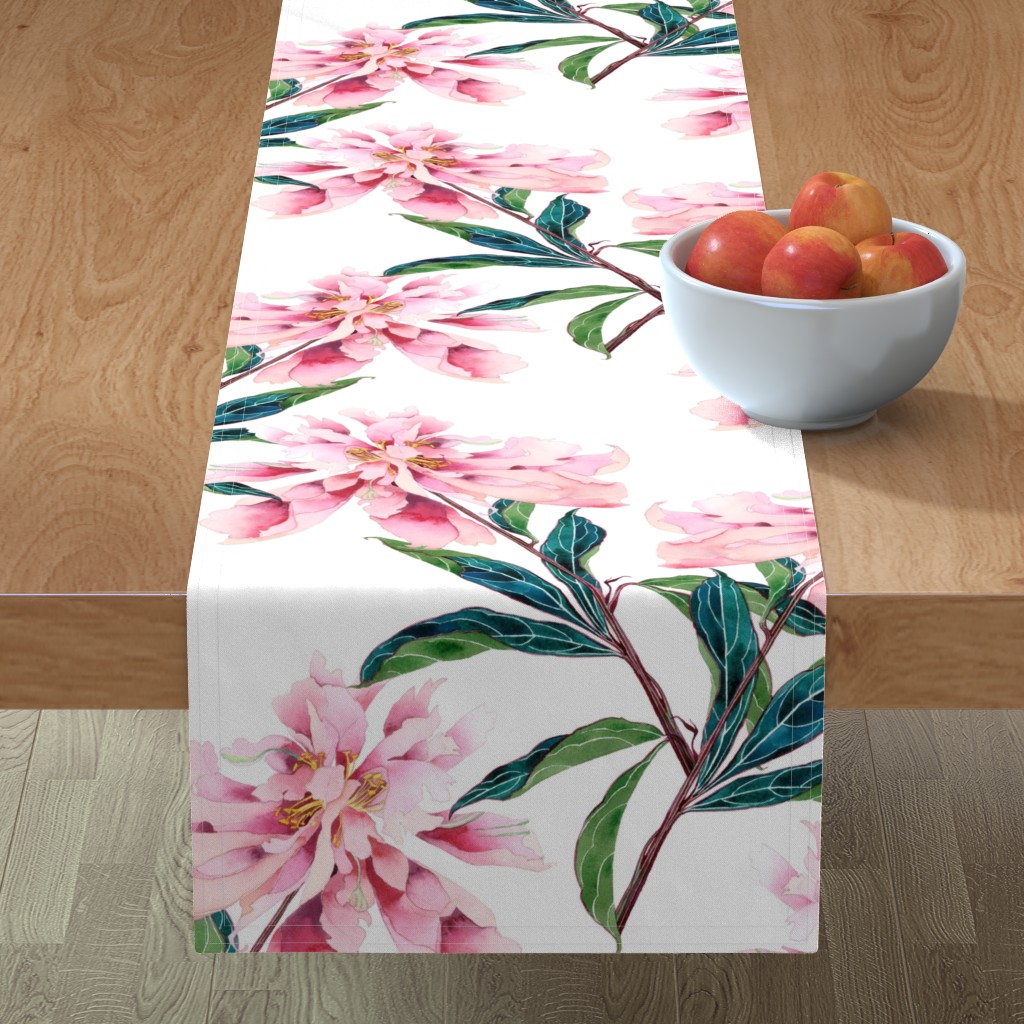 Pink Peony on White Table Runner, 108x16, Pink