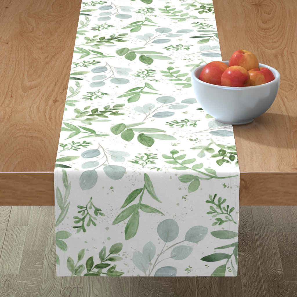 Watercolor Leaves - Green Table Runner, 108x16, Green