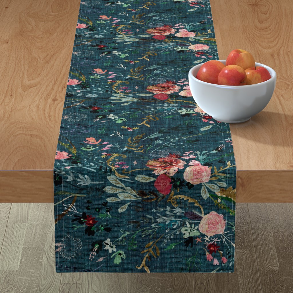 Fable Floral Table Runner, 108x16, Blue