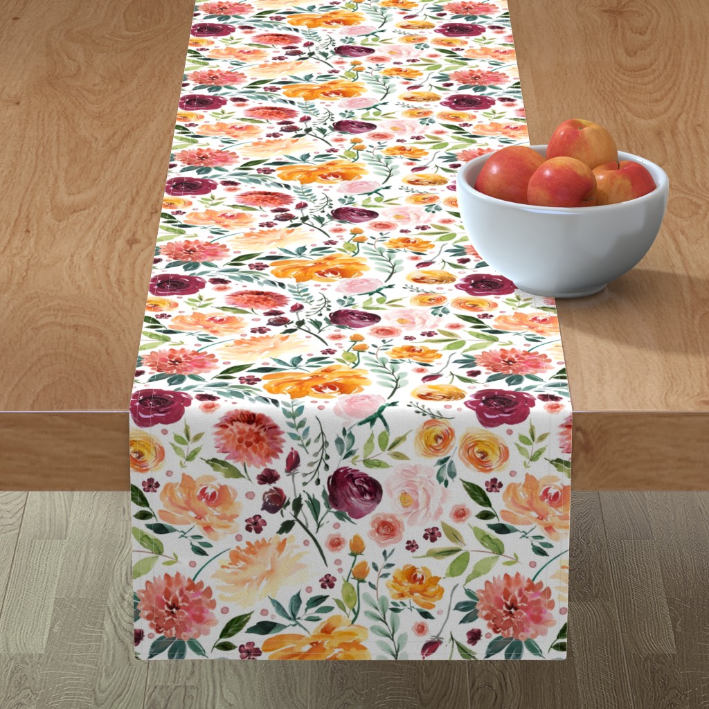 Orange Burgandy Floral Table Runner, 108x16, Multicolor