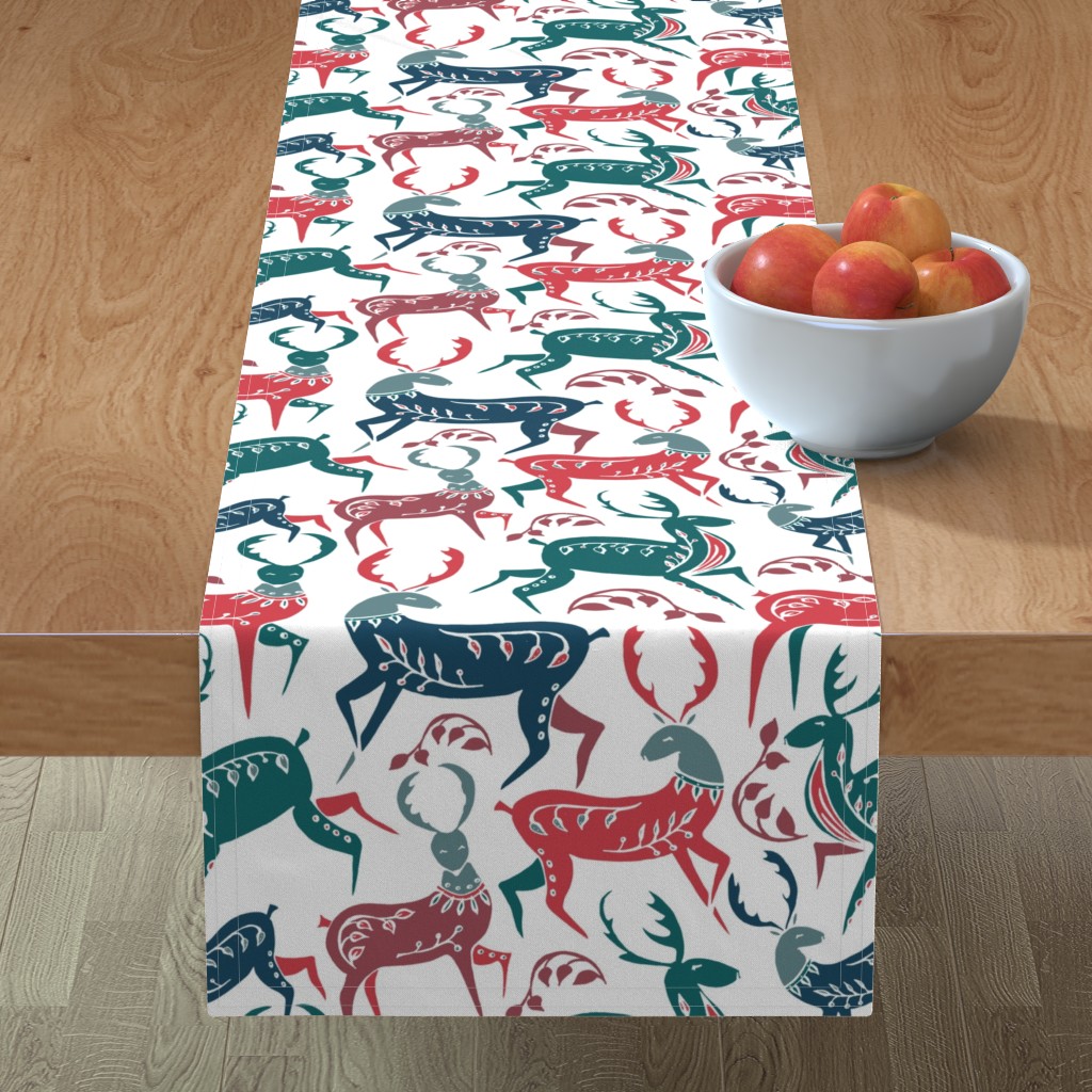 Christmas Deer on White Table Runner, 108x16, Multicolor