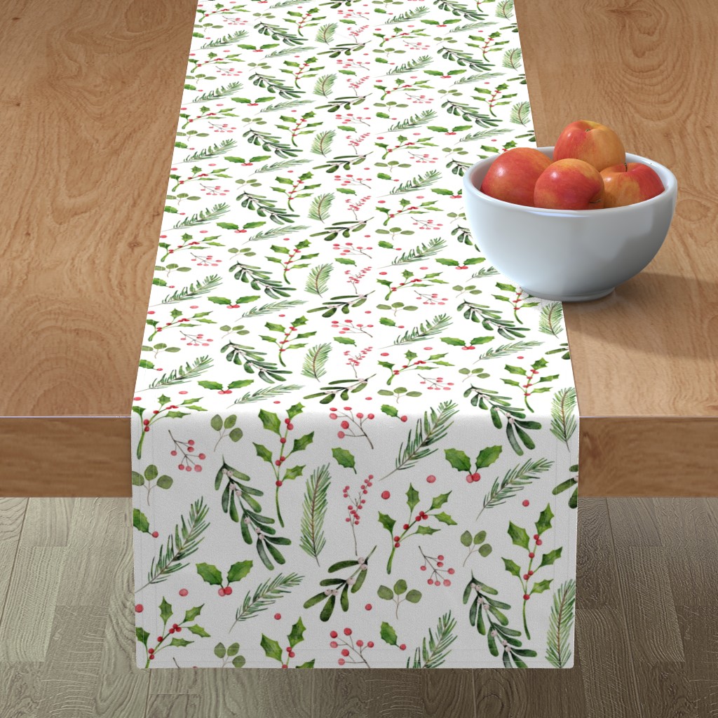 Watercolor Holly & Mistletoe Table Runner, 90x16, Multicolor