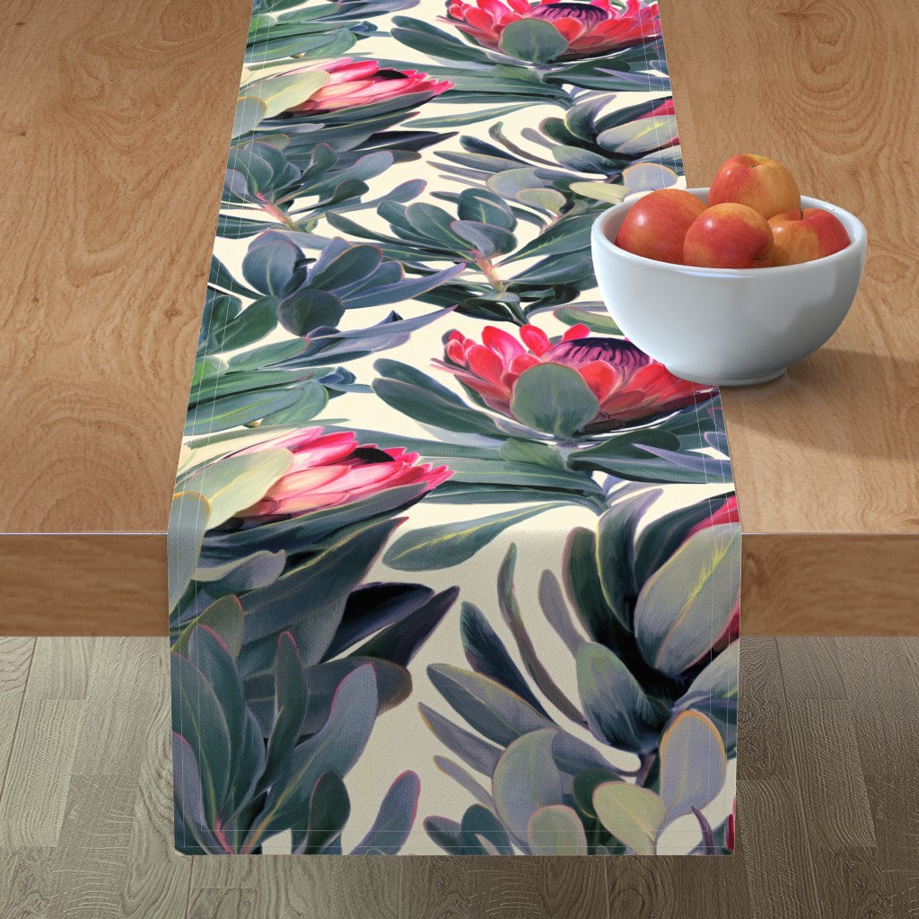 Painted Protea Floral - Green & Pink Table Runner, 90x16, Multicolor