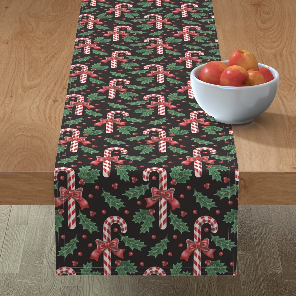 Vintage Christmas Candy on Black Table Runner, 90x16, Multicolor
