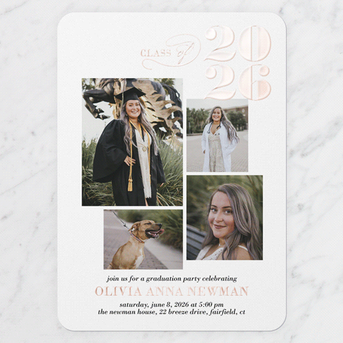 Script Class Graduation Invitation, Rose Gold Foil, White, 5x7, Matte, Personalized Foil Cardstock, Rounded, White