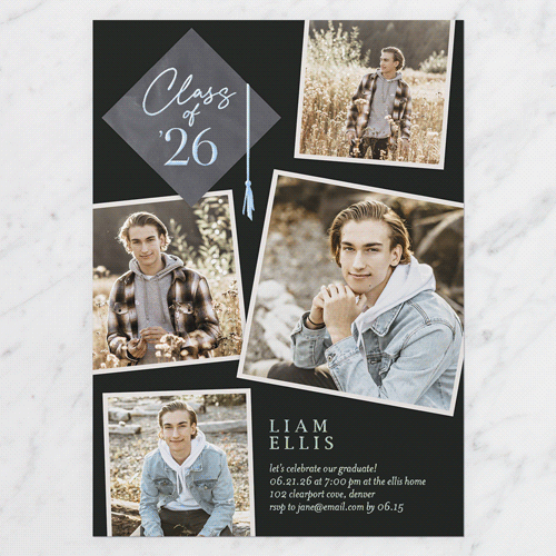 Tassel Snapshots Graduation Invitation, Black, Iridescent Foil, 5x7, Matte, Personalized Foil Cardstock, Square, Black