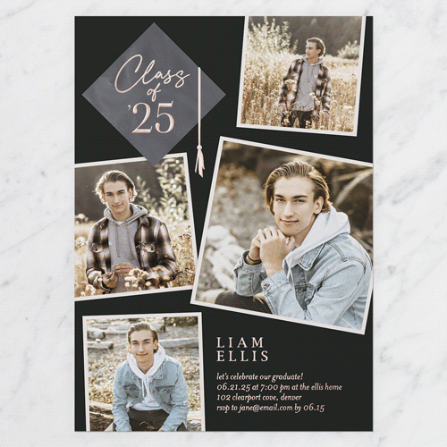Tassel Snapshots Graduation Invitation, Rose Gold Foil, Black, 5x7, Matte, Personalized Foil Cardstock, Square