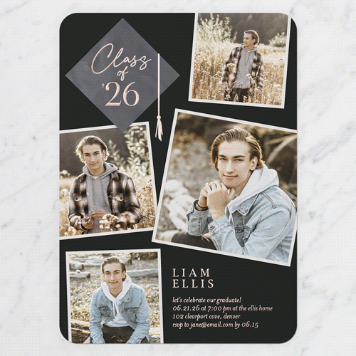 Tassel Snapshots Graduation Invitation, Rose Gold Foil, Black, 5x7, Matte, Personalized Foil Cardstock, Rounded, Black