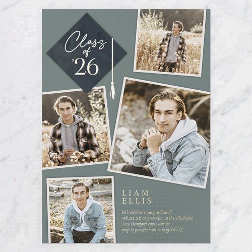 Tassel Snapshots Graduation Invitation, Green, Gold Foil, 5x7, Matte, Personalized Foil Cardstock, Square, Mantis