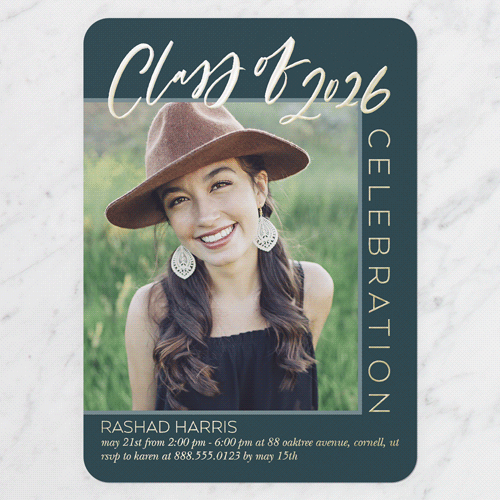 Modern Mix Graduation Invitation, Gold Foil, Blue, 5x7, Matte, Personalized Foil Cardstock, Rounded, Sapphire