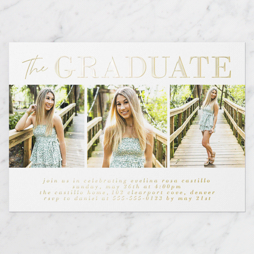 Shining Style Graduation Invitation, Gold Foil, Green, 5x7, Matte, Personalized Foil Cardstock, Square