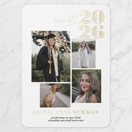 Graceful Class Graduation Announcement, White, Gold Foil, 5x7, Matte, Personalized Foil Cardstock, Rounded, White