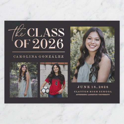 Classic Class Showcase Graduation Announcement, Rose Gold Foil, Grey, 5x7, Matte, Personalized Foil Cardstock, Square, Charcoal