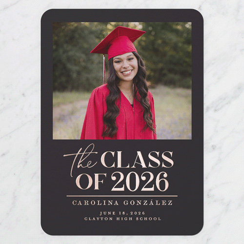 Classic Class Showcase Graduation Announcement, Rose Gold Foil, Grey, 5x7, Matte, Personalized Foil Cardstock, Rounded, Charcoal